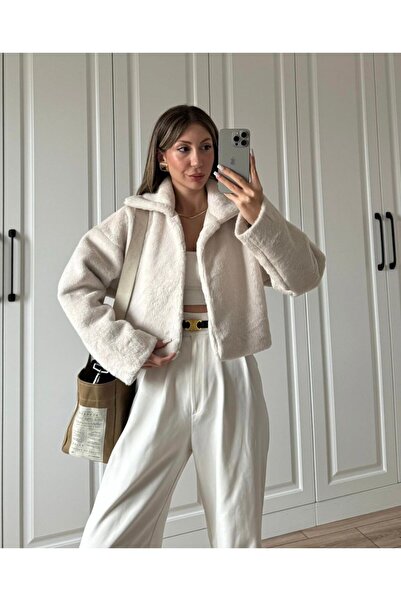 FMN Moda Ball Cut Premium Design Fur Plush Soft Lining Equivalent Big Lapel Jacket Coat Overcoat