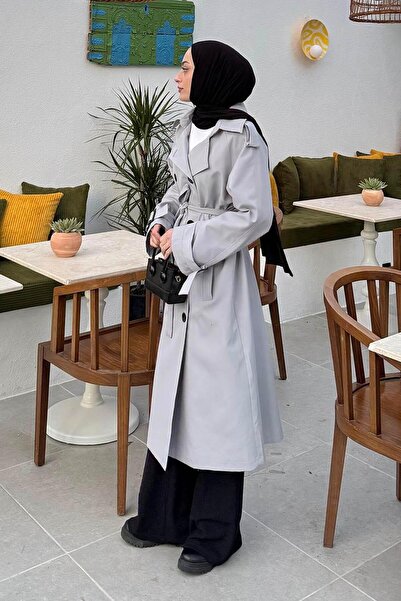 lamelif Reglan Sleeve Buttoned Trench Coat Gray