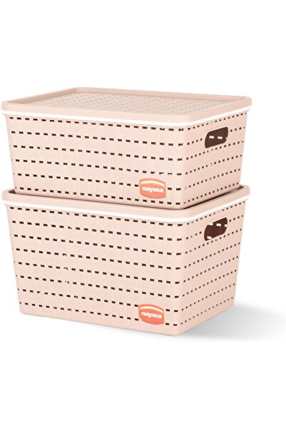 Nayasa Gloria 2 Pcs Set Basket | Medium + Big | Plastic Basket With Lid | Beige