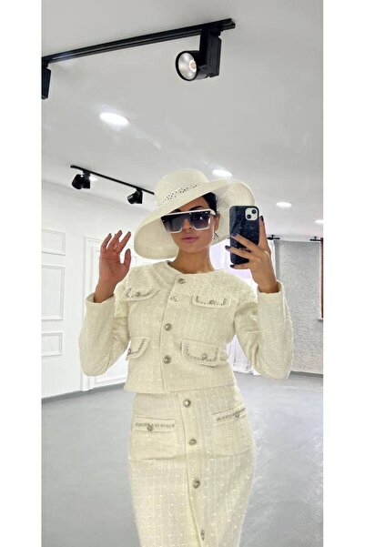 Siseniorita 2 Piece Crop Jacket and Tweed Midi Skirt Set - Pearl and Button Details