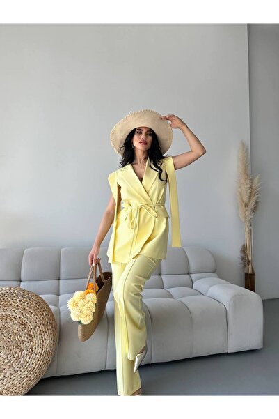 Bella Breeze Kadın Oversize Bağlamalı Tasarım Yelek Pantolon Takım Elbise