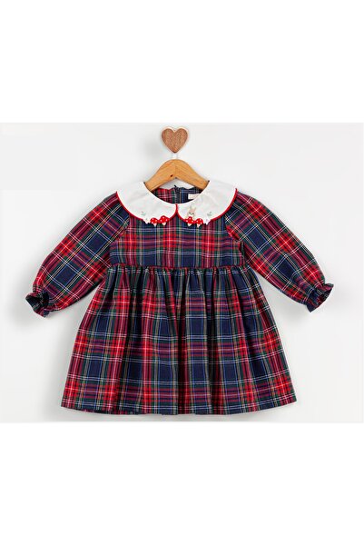 Baby Rose New Year's Red Plaid Patterned Collar Detailed Baby Girl Dress 9-12-18-24 Months