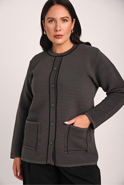 Uludağ Triko Women's Smoked Striped Woven Detailed Pocketed Knitwear Knitted Cardigan