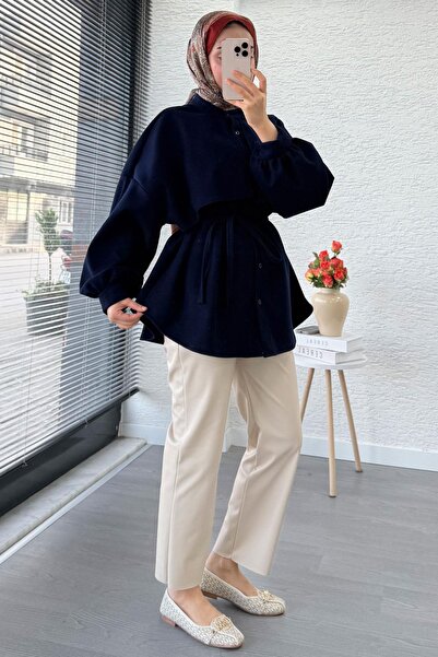MELEK ARAZ Cape Detailed Front Buttoned Cashmere Shirt – Navy Blue