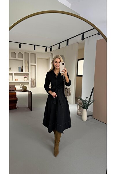 Sezgi Tekin Boydan Düğmeli Asimetrik Kesim Siyah Likralı Denim Elbise