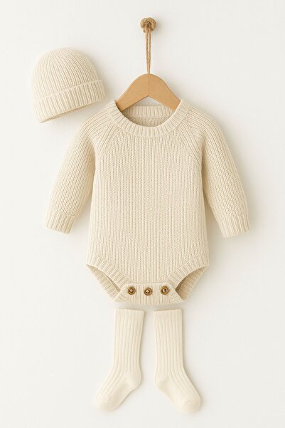 Minytrendy Newborn Baby Girl Boy Long Sleeve Knitwear Bodysuit Set with Beanie and Socks Newborn Jumpsuit Gift