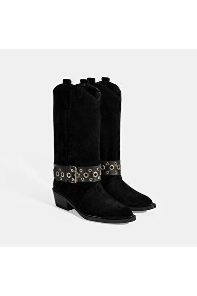 Desa Women's Black Adjustable Belt Accessory Suede Boots