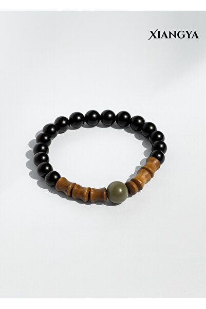 XIANGYA Ebony Bracelet with Green Sandalwood and Eighteen Seed Accent