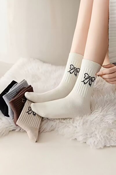 Hitit Socks Women's 5 Pairs Premium Quality Ribbon Patterned College Socks Suitable for Daily Use
