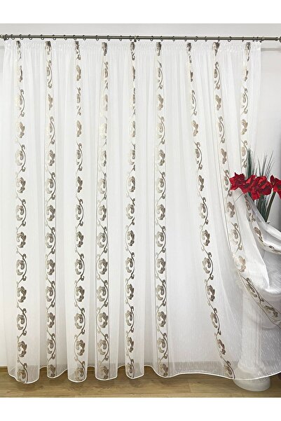 Liz Line Curtain with rejansa, mechanically embroidered, white/brown color, from the "DragonTail" collection by PD074