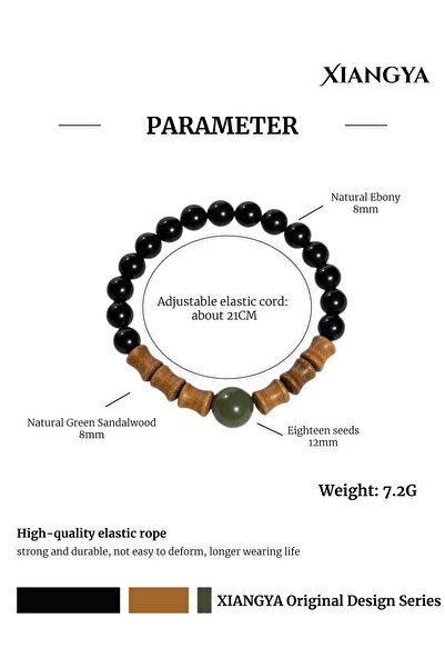 XIANGYA Ebony Bracelet with Green Sandalwood and Eighteen Seed Accent