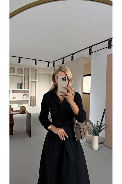 Sezgi Tekin Boydan Düğmeli Asimetrik Kesim Siyah Likralı Denim Elbise