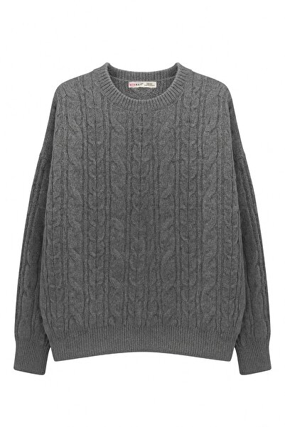 Mixray 6986 Women's Oversized Hair Weave Soft Textured Knitwear Sweater Anthracite