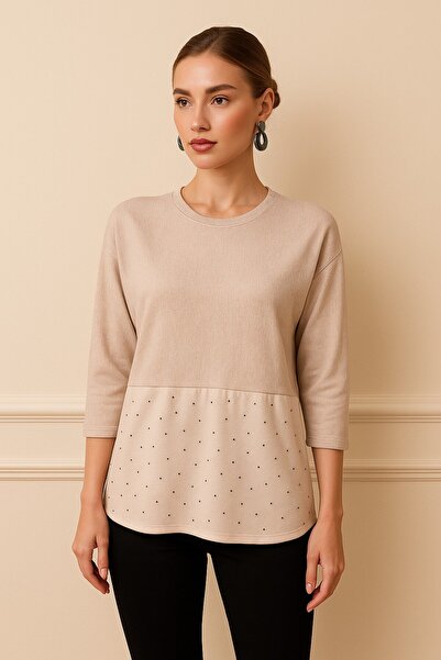 Okçu Triko TAŞ BASKI SÜET DETAYLI TRİKO-26K74018-BEJ-04