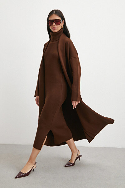 Never more Long Dress Cardigan Knitwear Set Brown
