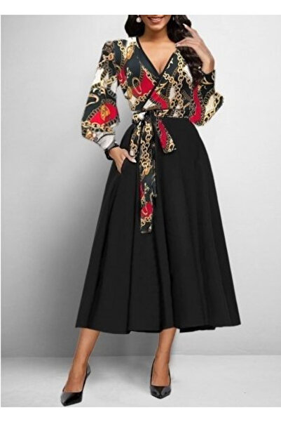 Lady Moss Rochie midi pentru femei din crep, cu mâneci lungi și decolteu petr...