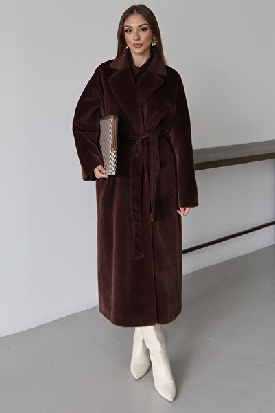 VAGGON Women's Bitter Brown Buttoned Belted Soft Coat Vs01476