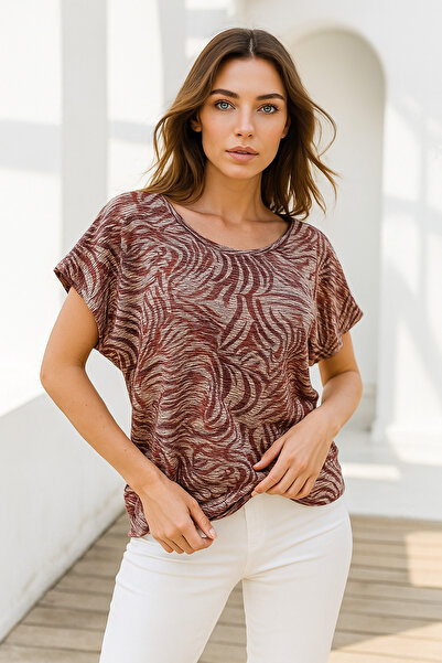Rich Women's Burgundy Wide Patterned Crew Neck Short Sleeve Blouse