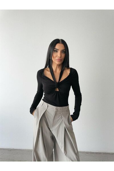 Lady Moss Ekşi̇oğlu Global Sandy Bodysuit with Front Tie Detail - Black