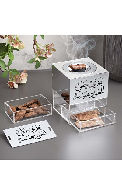 Story of candle Incense burner with a box for storing incense, featuring the phrase "Burn incense, let the oud have prestige," and Moroccan oud, made of glossy, transparent acrylic.