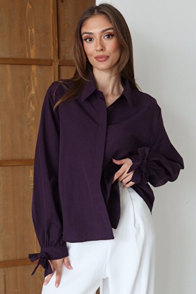 VAGGON Women's Plum Ribbon Detailed Oversized Shirt Vs01481