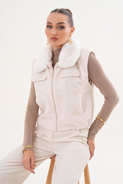 ŞİMAL Women's Furry Collar Zippered Plush Vest 255402 -