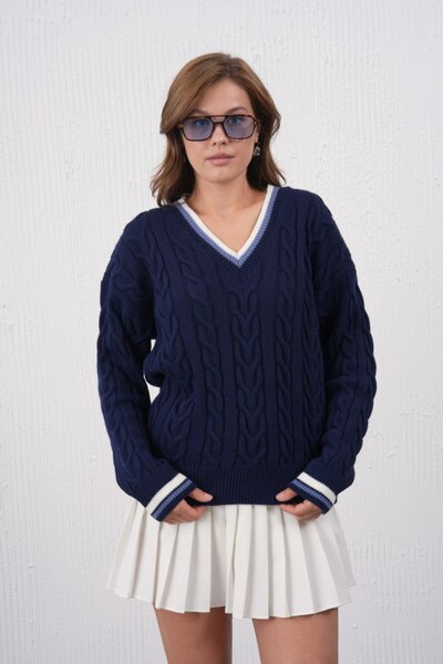 Noi Belis Hair Braid Detailed V-Neck Knitwear Sweater Aw25Kz0075
