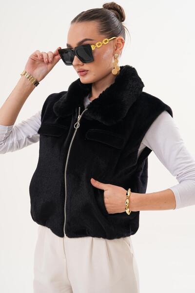 ŞİMAL Women's Furry Collar Zippered Plush Vest 255402 -