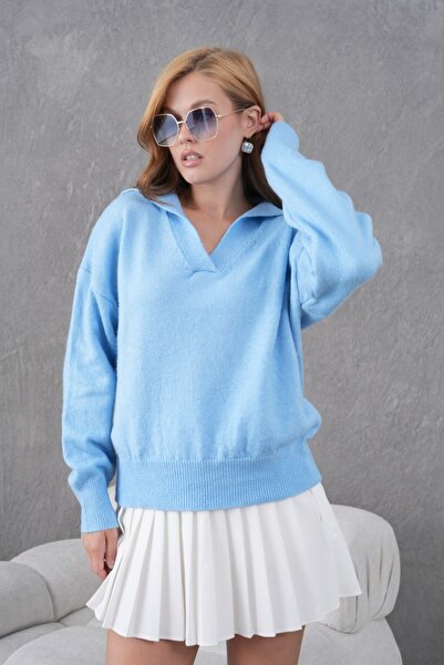 Noi Belis Basic Soft Textured Oversized Polo Neck Knitwear Sweater Aw25Kz0074