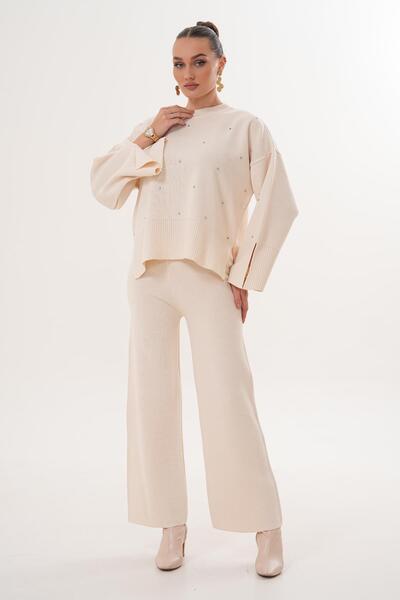 ŞİMAL Women's Stoned Wide Leg Pants Knitwear Knitted Set 255052 -