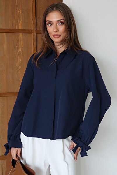 VAGGON Women's Navy Blue Ribbon Detailed Oversized Shirt Vs01481