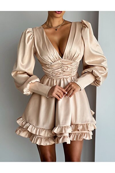 Elia Swimwear Sarita Beige Satin Mini Dress With Overlapping Ruffles And Long Puff Sleeves