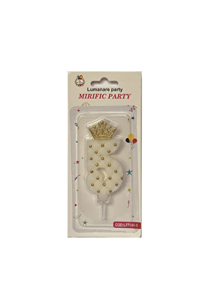Mirific Party Cake candle white, gold, 12 cm, number 5