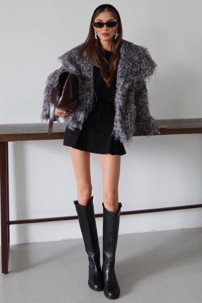 Olcay Handkerchief Collar Fringed Leopard Pattern Faux Fur Coat Gray 1017