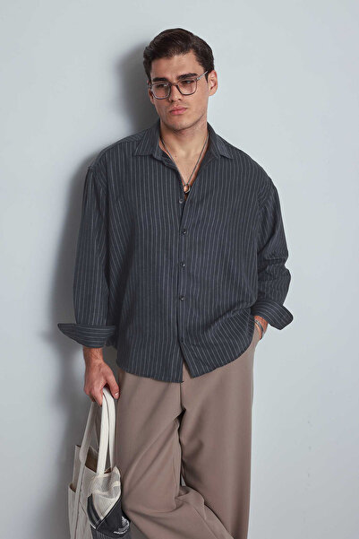 ablukaonline Men's Oversized Striped Long Sleeve Shirt Anthracite