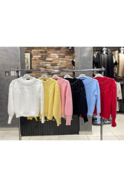 QUAWEAR guler rotund Pulover Angora cu mâneci cu balon, brodat cu perle și pietre