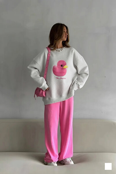 The Champ Clothing Γυναικείο φούτερ με λαιμόκοψη σε γκρι μελανζέ χρώμα – Pink Duck με τύπωμα 3 Thread Ş επένδυση fleece Oversize