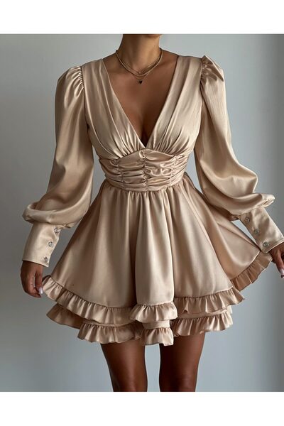 Elia Swimwear Sarita Beige Satin Mini Dress With Overlapping Ruffles And Long Puff Sleeves