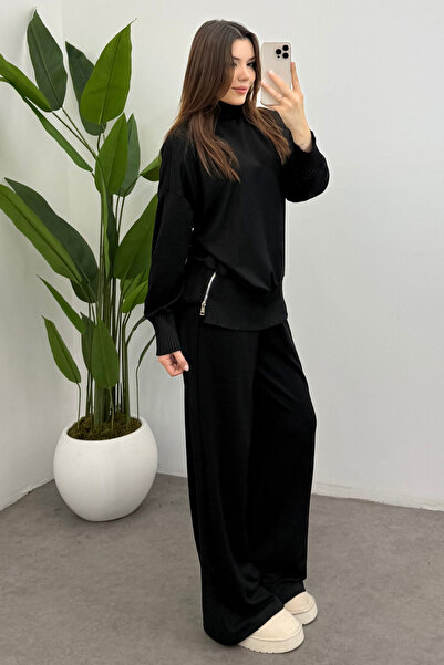 Ladima Women's Black Turtleneck Side Zipper Detailed Modal Suit