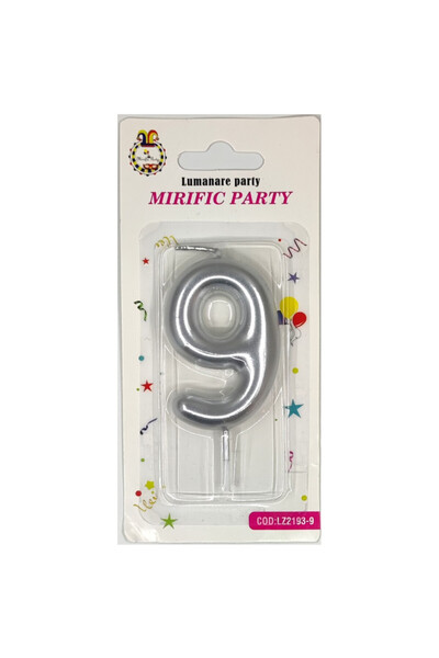 Mirific Party Silver cake candle, 6 cm, number 9