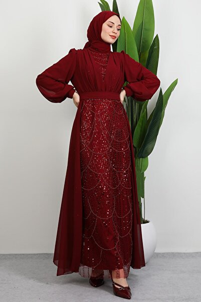 giz astore Yakamoz Taşlı Abiye Bordo