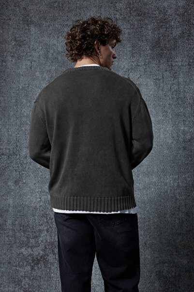 ablukaonline Men's Oversized Crew Neck Basic Knitwear Sweater Black