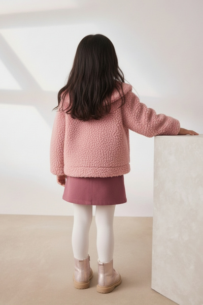 Minipodyum Peter Pan collar Girls' Plush Coat with Bow Detail and Buttons