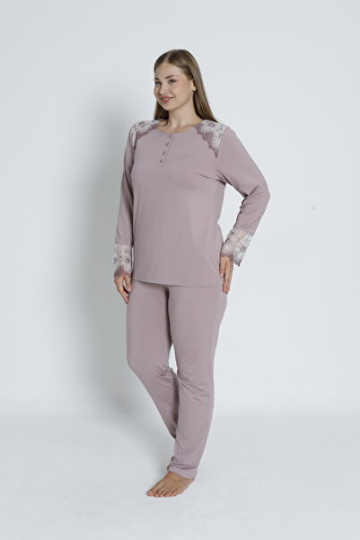 Cotpark Women's Plus Size Cotton Stretch Fabric Long Sleeve Pajama Set -Coffee 30107-B