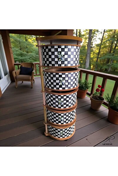 Ar Armese 5 Katlı Ahşap Sebzelik Damalı Naturel Gıdaya Uygun Kaliteli Mdf Modern Zeytinli