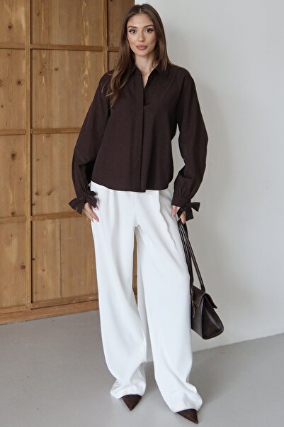 VAGGON Women's Bitter Brown Ribbon Detailed Oversized Shirt Vs01481