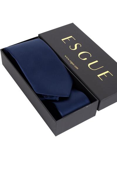 Esgue 8 cm Wide Navy Blue Satin Handkerchief Tie – Premium Men's Tie in Special Gift Box