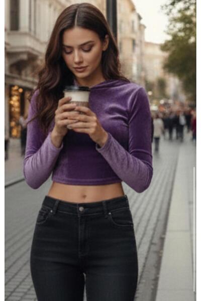 Cockatoo Crop din catifea cu guler cu glugă pentru femei, sezon nou