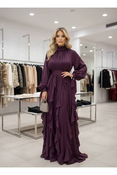 GLAMSI Long, flowy viscose dress with ruffles and a bow at the back