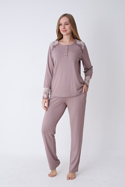 Cotpark Women's Cotton Stretch Fabric Long Sleeve Pajama Set - Brown 30107